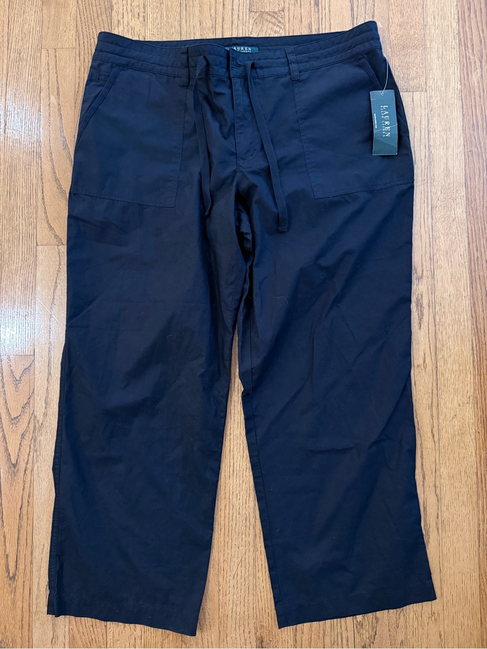 Lauren Ralph Lauren 100% Cotton Black Drawstring Casual Pants Size 14 NWT